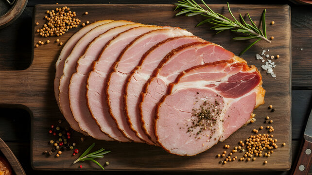 Sliced ham on wooden board with spices and rosemary, overhead view, ready for serving.