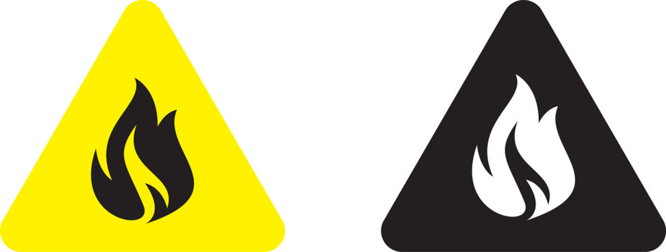 Flammable hazard warning icons, fire flame symbol in diamond frame, black and white industrial safety signs, 2 vector elements for caution labels