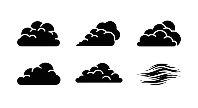 Set of Black Silhouette Cloud Icons and Wind Strokes