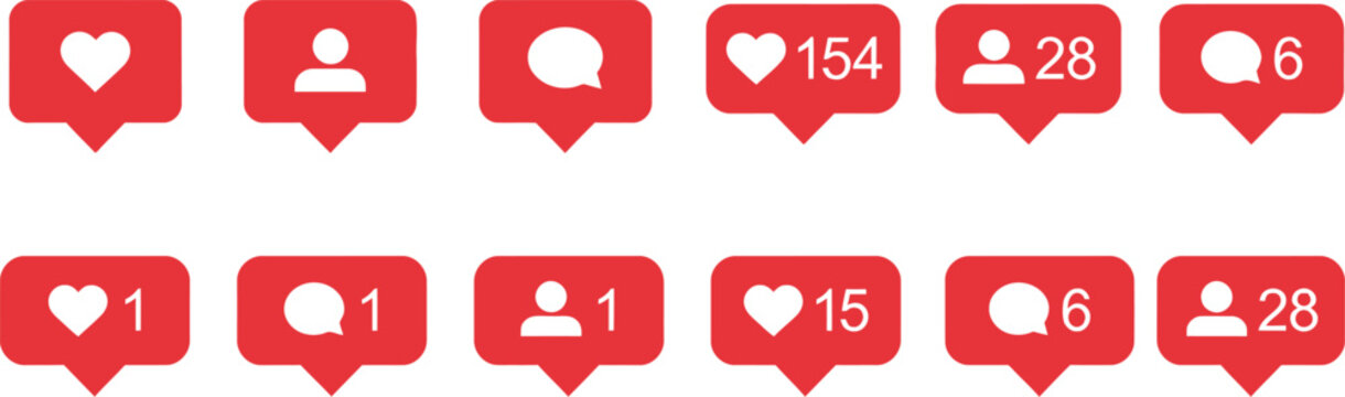 Set of red social media icons with different like and comment counts