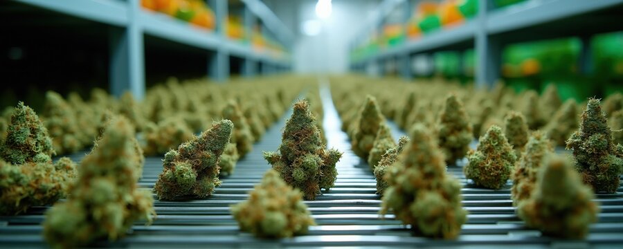 Rows of dried cannabis buds arranged on metal racks in cultivation facility. Post-harvest process allows for aeration, quality control of plant material. Indoor farm prepares marijuana for storage