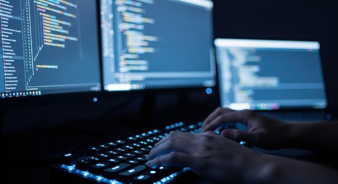 Software Developer Hands Typing on Backlit Keyboard with Multiple Monitors Displaying Code in Dark Room