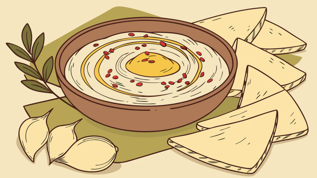 Hummus served in a ceramic bowl with pita bread slices and garlic cloves on a kitchen surface.