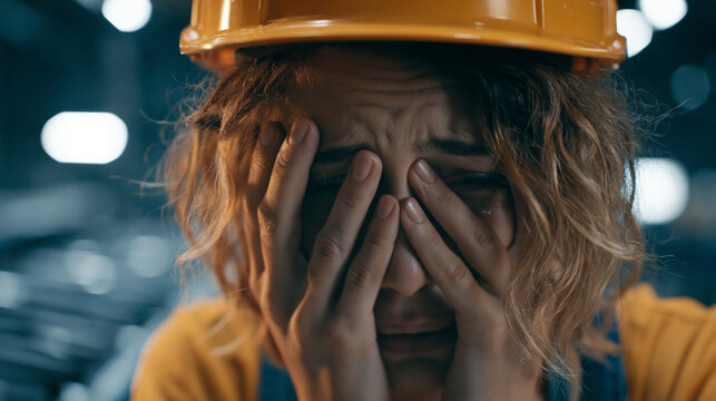 Crying female industrial worker in hard hat. Concept of factory closure, job loss, unemployment, manufacturing crisis, and layoffs due to automation