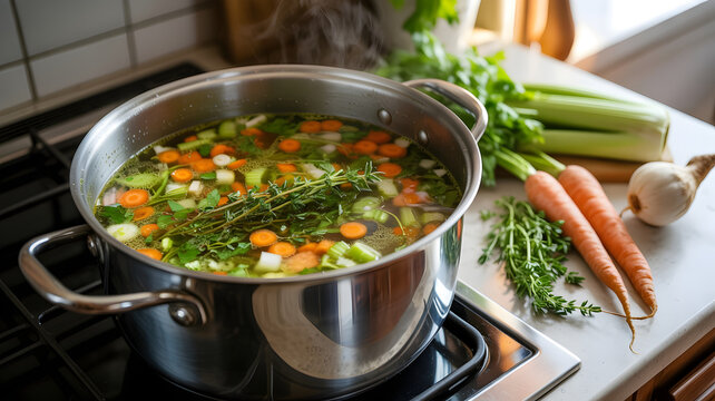 Fresh vegetable soup simmering in pot with carrots celery herbs simmering on stove kitchen counter top view.