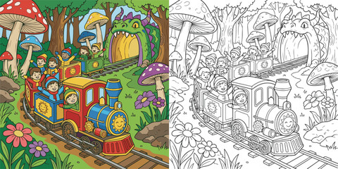Fototapeta premium children visiting amusement park toy train enjoying rides cartoon clipart and lineart print vector illustration for color coloring book