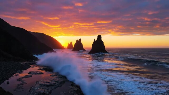 Epic sunrise over rugged coastline with dramatic sea stacks and powerful ocean waves during golden hour