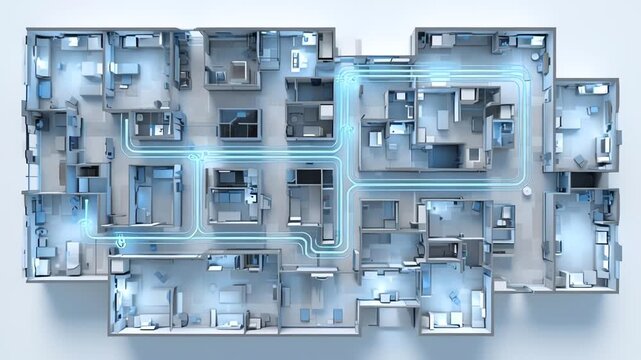 Futuristic smart home building floor plan with glowing neon pathways and high-tech elements