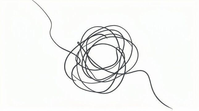 Abstract black tangled scribble line forming a messy circle shape isolated on a white background commercial photo