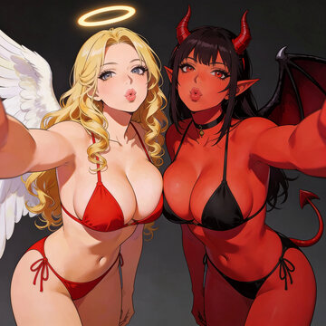 donne in bikini vestono in cosplay come un'angelo femmina e un diavolo donna mentre si danno un bacio, women in bikinis dress up in cosplay as a female angel and a female devil while they kiss