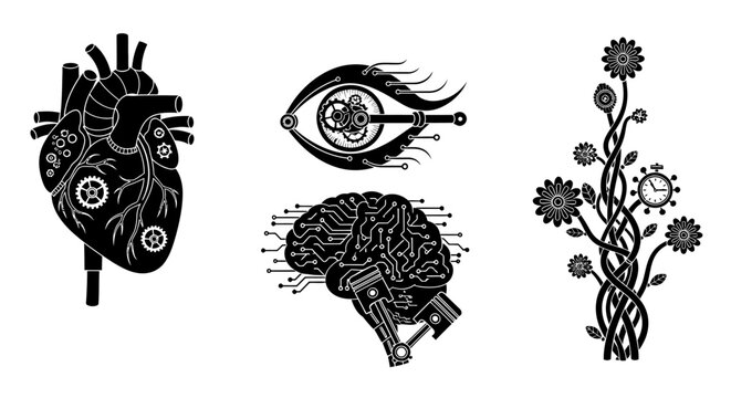 Steampunk Heart, Eye, Brain, and Plant Icons