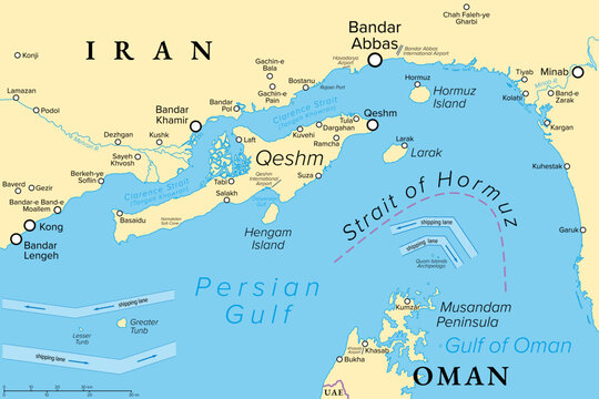 Qeshm, largest island of Iran, political map. Located in Strait of Hormuz of Persian Gulf, separated from mainland by Clarence Strait, opposite the port cities Bandar Abbas and Bandar Khamir. Vector