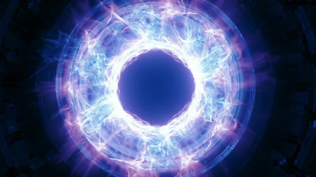 Dramatic wide shot of tokamak fusion reactor interior displaying vibrant plasma flow and energy dynamics, showcasing the continuous action of fusion energy generation