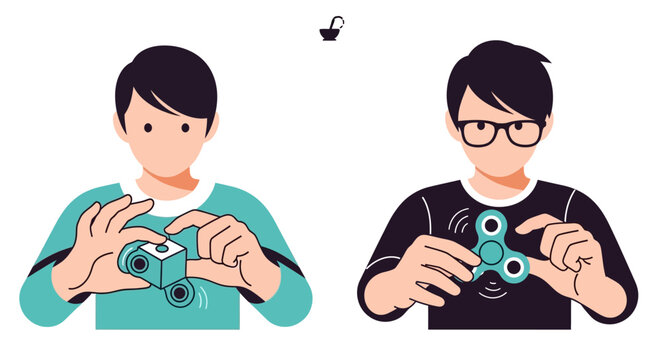 Two boys playing with fidget toys, cube and spinner