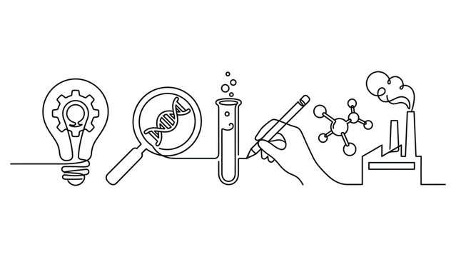 continuous line art Science and research icons in a line.