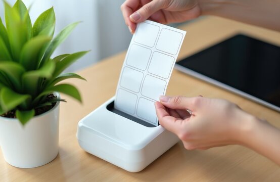 Woman inserts blank label sheet into portable wireless printer. Digital tablet and green plant on wooden desk. Small device prepares labels for office organization or home use.