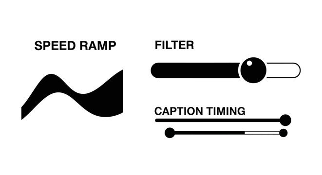 Video editing interface: speed ramp, filter slider, caption timing controls