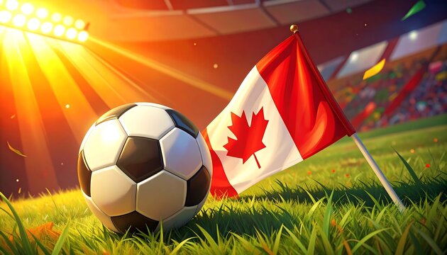 A soccer ball and canadian flag on a grassy field with stadium lights shining brightly in the background at sunset ai generative
