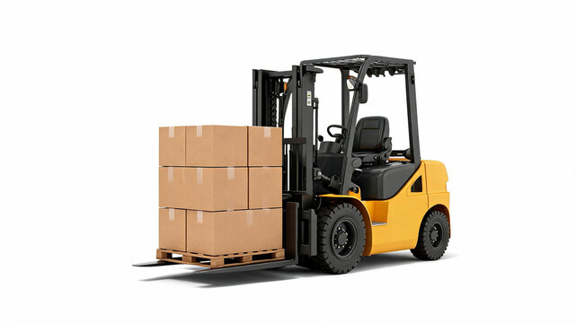 Yellow forklift truck lifting a stack of cardboard boxes on a wooden pallet with lift truck material handling heavy duty industrial vehicle supply chain