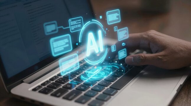 Programmer using laptop with AI coding assistant for software development and automation. Artificial intelligence generates code, detects bugs, optimizes workflow, and supports application building.