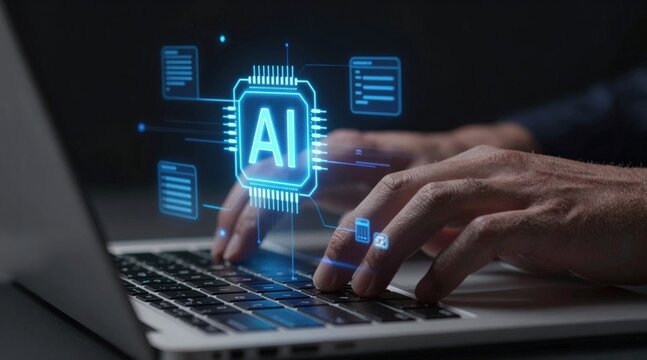 Programmer using laptop with AI coding assistant for software development and automation. Artificial intelligence generates code, detects bugs, optimizes workflow, and supports application building.