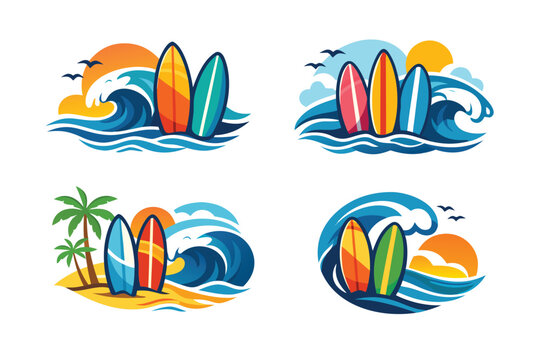 Set of Colorful Surf Season Logos with Vibrant Ocean Waves, Surfboards, Tropical Palm Trees, and a Bright Sun. Simple Flat Vector Illustration for Summer Beach Vacation and Surfing Sports Branding.