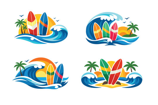 Set of Colorful Surf Season Logos Featuring Stylized Ocean Waves, Surfboards, Tropical Palm Trees, and Sunset Sun, Simple Flat Vector Illustration for Summer Vacation, Travel, and Beach Branding