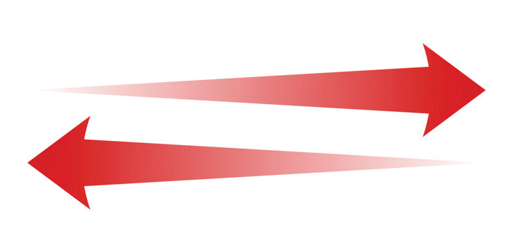 Red double sided arrow vector icon with gradient fade effect. Bold horizontal direction symbol isolated on white in flat style. Suits measurement, comparison, and distance infographic design materials