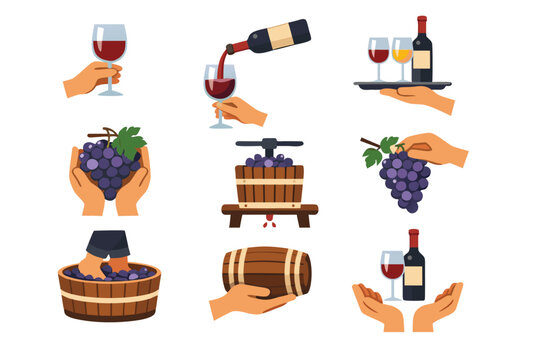 Comprehensive Collection of Winemaking and Wine Service Icons with Hands Holding Wine Glasses, Pouring Bottles, Harvesting Purple Grapes, Stomping Grapes, Wine Press, Wooden Barrel, and Tray.