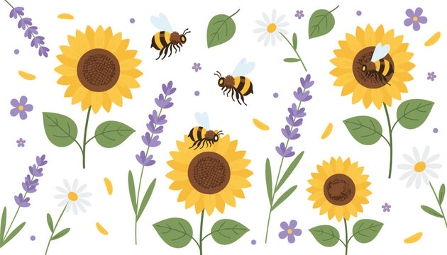 Cartoon sunflower and bee icons with lavender, daisies, and foliage representing pollination and nature vector illustration