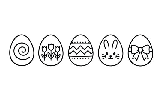 Set of five black line art Easter eggs decorated with various simple patterns including a spiral, tulips, zig-zags, a cute bunny face, and a ribbon bow. Minimalist holiday vector icons for design.