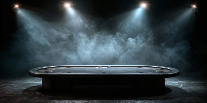 Empty Casino Poker Table with Smoke and Spotlights