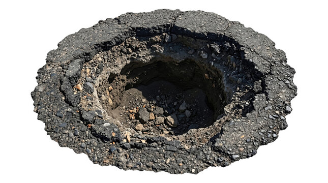 Large deep circular pothole in cracked asphalt with exposed rubble and jagged edges