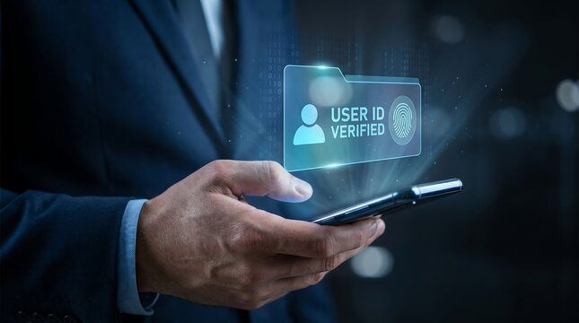 Biometric User ID Verification Interface on Smartphone in Businessman Hand