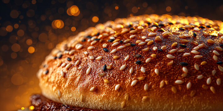 Hamburger Bun with Sesame Seeds and Ketchup Close Up