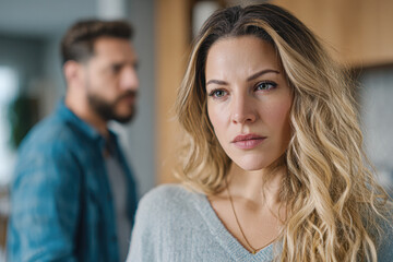 Naklejka premium A woman looks away thoughtfully while a man in the background appears upset, suggesting tension or conflict in a relationship.
