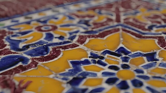 Closeup of intricate traditional ceramic tile pattern with vibrant colors.