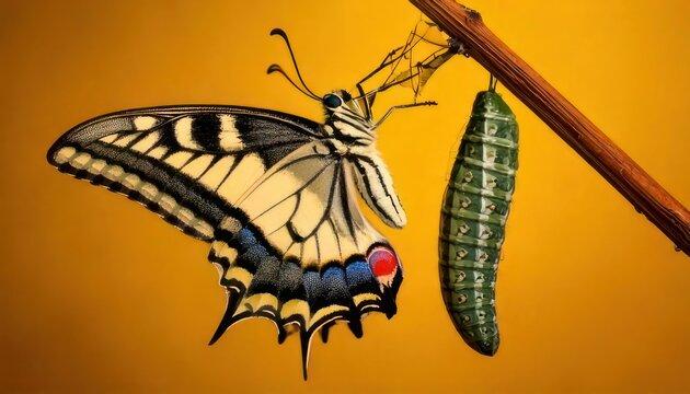 Butterfly emerging from chrysalis, transformation and metamorphosis concept, natures wonder.