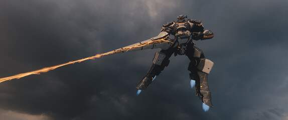 Epic 3d render of sci-fi knight mecha flying on turbine jet flames against overcast clouds. Giant robotic mech firing futuristic energy lance. Cinematic action shot with powerful laser beam in sky. © roman3d