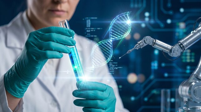 Scientist in lab coat holds DNA test tube with robotic arm and DNA helix