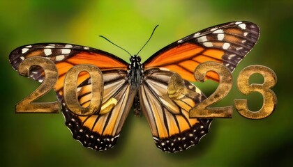 Fototapeta premium Butterfly with 2023 overlay, symbolizing transformation and new beginnings.