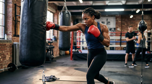 Female boxer practicing her footwork and stance in a boxing gym, demonstrating agility and precision, ready for a sparring session or training routine.