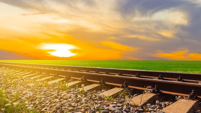 closeup railway at the sunset time lapse scene