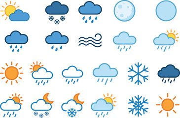 Obraz premium Weather Forecast Icons Collection Featuring Sun Rain Snow Clouds Moon and Climate Symbol Vector Set