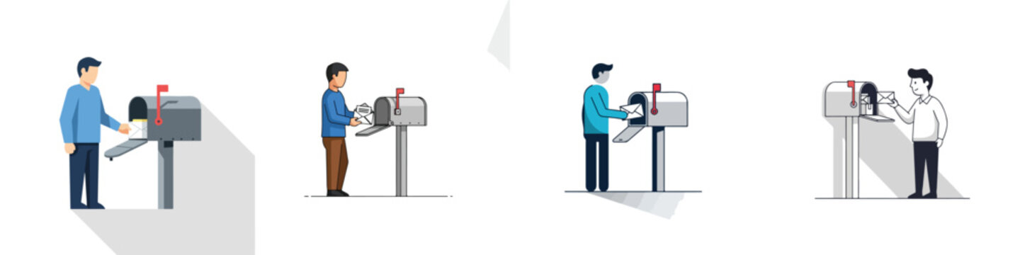 Simple flat vector scene featuring someone checking mail from a home mailbox, clean lifestyle composition, white background.