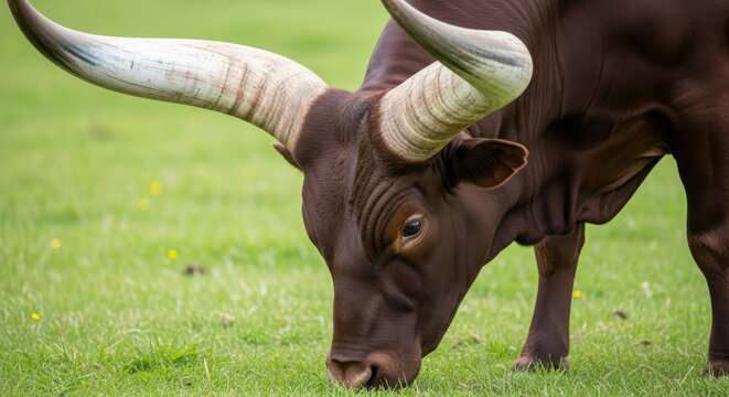 Close-up of an Ankole-Watusi Bull with Massive Horns Grazing in a Lush Green Meadow, African Cattle Breed in Nature