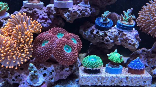 Colorful marine aquarium with diverse corals and vibrant aquatic life on display in a reef environment