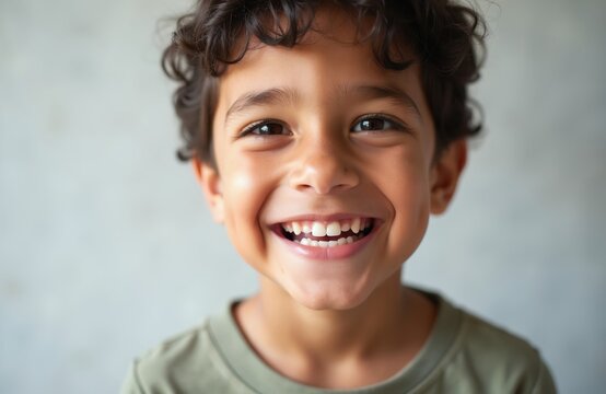 Happy hispanic child with curly dark hair grins showing missing front tooth. Close-up portrait of young boy with dimples, bright eyes conveys joy. Kid laughs openly with pure excitement. Healthy