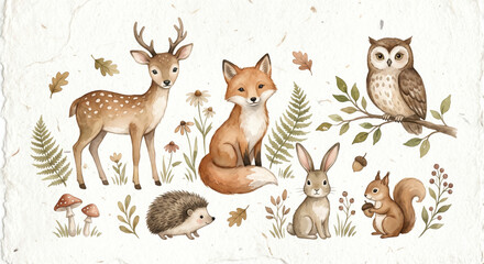Fototapeta premium Charming woodland creatures illustration set featuring a deer, fox, hedgehog, rabbit, squirrel, and owl, perfect for nature-themed designs and children's illustrations, adding a whimsical touch.