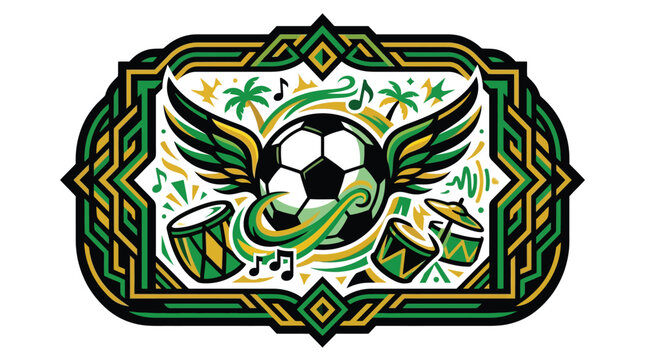 Bold vector graphic of a soccer ball with wings surrounded by tropical palm trees, percussion drums, and musical notes in a green, yellow, and black decorative border frame.
